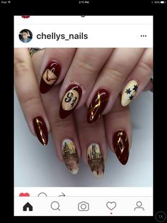 Harry Potter Nails Gryffindor, Slay Nails, Nails Shapes, Character Nails