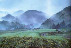 a painting of a field with yellow flowers in the foreground and mountains in the background