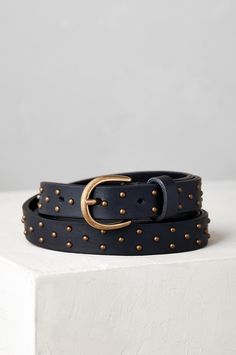 Up your edgy appeal or your cute factor in this stylish belt that can go either way! Featuring raised gold studs throughout, the Louise belt adds zing to your leather pants, sweater dresses, and everyday jeans alike. Crafted from smooth Italian leather, with a single leather keeper and a nickel-free rounded buckle in antique gold. Edgy Accessories, Women's Belts, Sheepskin Slippers, Green Girl, Braided Belt, Retro Clothing, Sweater Dresses, Belt Style, Leather Care