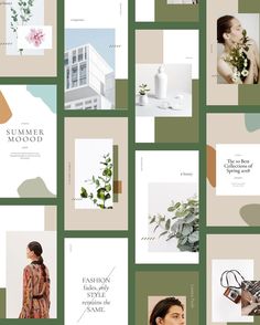 a collage of photos with flowers, plants and other things on them in shades of green