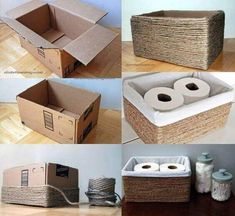 several pictures of different types of boxes and rolls of toilet paper on the floor, including one box with two rolls of toilet paper in it