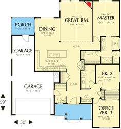 the first floor plan for a home with two master suites and an attached garage area