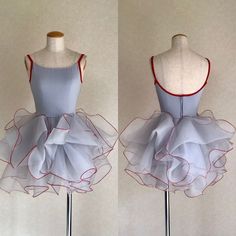 two pictures of a dress on a mannequin head stand, one in grey and the other in red