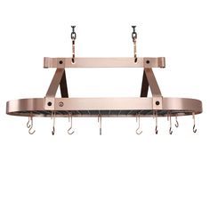 a pot rack with hooks hanging from it