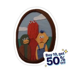 an oval sticker with the image of sesame and friends