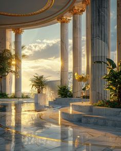 the sun is setting in an elegant building with columns and pillars, along with potted plants