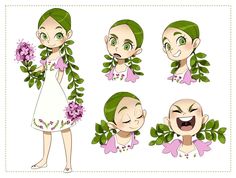 a woman with green hair and flowers in her hand, wearing different facial expression expressions