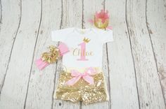 1st birthday outfit princess birthday outfit pink by lePetitePosh Pink And Gold Outfit, Princess Birthday Outfit, First Birthday Baby Girl, Gold Sequin Shorts, 2nd Birthday Outfit, Sparkle Shorts, 1st Birthday Outfit