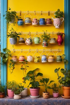 a yellow wall with potted plants on it