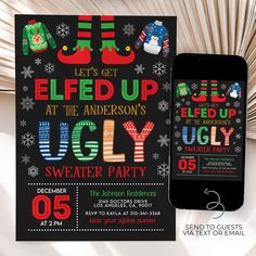 Christmas Ugly Sweater Party Invitation Template, Editable Ugly Sweater Party Invite, Elfed Up Ugly Sweater Party Template, Instant Download This beautiful evite template is the perfect way to invite your guests to your party! Personalize the template through CORJL, an easy to use template editor that works in your web browser, and print it through your home printer or your local printing shop! ⭐ DEMO - try before you buy ➥ Try it right now! Just copy and paste this demo link into your web browser (CORJL works best in PC or Mac) https://www.corjl.com/d/1GOAO - ALL THE TEMPLATES INCLUDED - ➥ This set contains the following items: ✔  INVITATION : 5 by 7" in ⭐ NEED PROFESSIONAL PRINTING? I recommend Prints of Love. My shop has partnered with them to offer fast, high quality yet affordable pri Christmas Ugly Sweater Party, Ugly Sweater Party Invitations, Party Template, Christmas Ugly Sweater, Ugly Christmas Sweater Party, Ugly Sweater Party, Printing Shop, Party Invite Template, Party Invite