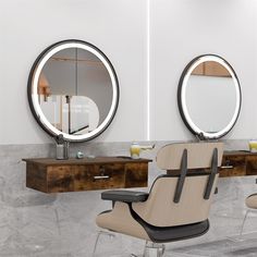 a chair sitting in front of two round mirrors on the wall next to a desk