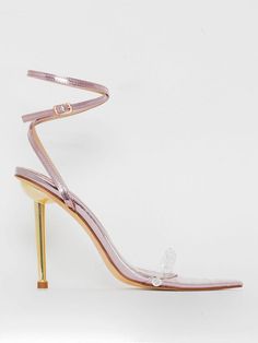 DETAILS Pointed toe Clear gem front strap Ankle buckle strap Stiletto heel Purple Details, Custom Made Clothing, Purple Mini Dresses, Comfortable Sweater, Backless Mini Dress, Fiery Red, Maxi Dress Evening, Silver Heels, High Heel Sandals