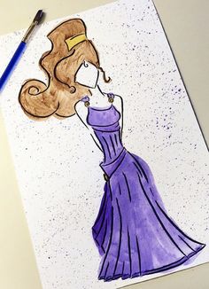 a drawing of a woman in a purple dress with a crown on her head is shown