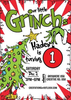 an advertisement for the grin's holiday party with a christmas tree and presents on it