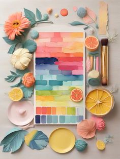 the color palette is surrounded by flowers and other items