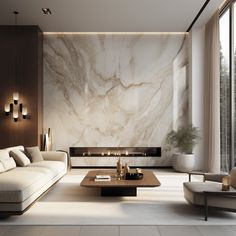 a modern living room with marble walls and flooring