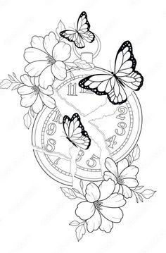 a clock with butterflies and flowers on it