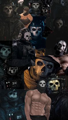 a collage of different images with skulls and men in masks on their faces,