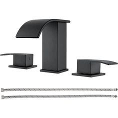 a black faucet with three different types of faucets and accessories in front of it