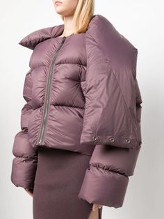 oversized funnel-neck padded jacket from Rick Owens featuring amethyst purple, virgin wool, cotton, down-feather filling, padded design, funnel neck, front press-stud fastening, front zip fastening, long sleeves, two press-stud fastening side pockets and straight hem. Size Info IT Color Detail Purple Made In Italy Material Outside: 100% Virgin Wool, 100% Polyamide Lining: Goose Feather 100%, Cotton 100% Season One Fall-Winter Season Two Fall-Winter Product coats Brand Rick Owens Size And Fit Thi Purple Puffer Jacket For Fall, Trench Dress, Latest Fashion Design, Crossbody Tote Bag, Dion Lee, Moon Boots, Down Jackets, Amethyst Purple, Pant Shirt