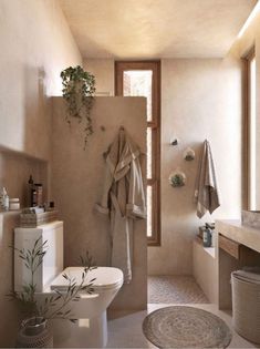 a white toilet sitting next to a bath tub in a bathroom under a window with plants on it