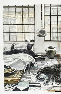 a drawing of a bedroom with black and white decor on the walls, windows, and rugs