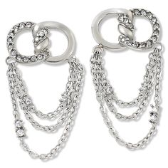 Stately Steel Crystal Knot Layered Chain Earrings  Add a touch of movement and drama to favorite outfits when you top them off with these fun, stainless steel earrings. The polished "knot" design features tiers of layered chains and sparkling crystal accents.       Approx. 3/8"L x 9/16"W     Made of stainless steel; silver- or gold-tone ion plating     Pierced with clutch backs     Earrings have interlocking "knot" design on post fronts     Three layered chain lengths dangle from "knots"     Cle Evening Metal Chain Earrings, Silver Chain Earrings For Evening, Silver Earrings With Adjustable Chain, Silver Stainless Steel Earrings With Adjustable Chain, Ireland Fashion, Holiday Storage, Summer Romance, Layered Chains, Bag Icon