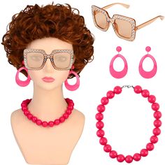 PRICES MAY VARY. 【Package Includes】1pc Red Orange Curly Wig + 1pc Retro Sunglasses + 1 pair of Big Earring + 1pc Rosy Pearl Necklace.This set captures landlady iconic look with precision. 【Premium Quality】Short Curly Red Orange Wig is made of high-quality high-temperature synthetic fiber, it feels pretty soft and natural and can easily be worn multiple times for plays. 【One Size Fits Most】The adjustable inner cap size from 21.6 to 23.6 inches,ensures a comfortable fit for most people. 【Retro and Fun Plastic Costume Accessories For Costume Party, Fun Plastic Costume Accessories For Party, Summer Novelty Costume Accessories For Costume Party, Novelty Plastic Costume Accessories For Party, Novelty Party Costume Accessories Made Of Plastic, Pink Themed Costume Accessories For Costume Party, Fun Red Costume Accessories For Party, Novelty Party Jewelry Made Of Plastic, Novelty Plastic Party Jewelry