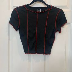 Windsor Black And Red Striped Ruffle Sleeved Crop Top T-Shirt Size S New Without Tags Nwot Red Fitted Top For Night Out, Fitted Red Top In Edgy Style, Red Crew Neck Tops For Night Out, Red Stretch Edgy Top, Edgy Red Summer Tops, Edgy Red Summer Top, Edgy Red Top For Night Out, Edgy Red Short Sleeve Top, Red And Black Top