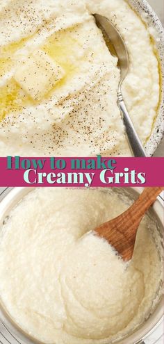 how to make creamy grits in a bowl with a wooden spoon on the side