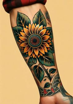 a woman's leg with a sunflower tattoo on it