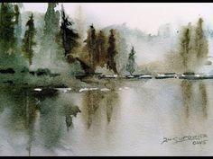 watercolor painting of trees and boats on the river