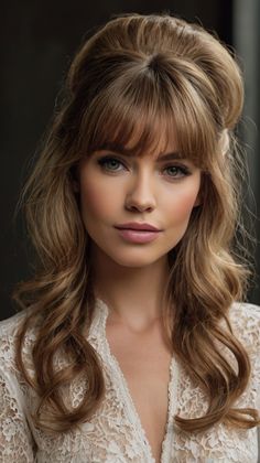 💅 wedding hairstyles half length with bangs: Sophisticated Grecian-Inspired Braids with Side Ban... Braids With Side Bangs, Arched Bangs, Messy Bangs, 70s Glamour, Lasting Curls, Choppy Bangs