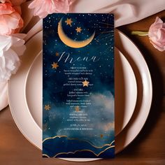 a menu card with the moon and stars on it