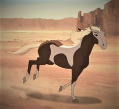 a horse running in the desert with mountains in the background