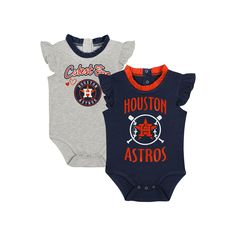 Everyone will melt when they see your little one in these adorable Fanatics Branded Houston Astros Fan bodysuits. This two-pack set features two one-pieces, both with charming Houston Astros graphics and cute ruffled sleeves. Plus, the three-snap bottom closure allows for quick and easy dressing.Everyone will melt when they see your little one in these adorable Fanatics Branded Houston Astros Fan bodysuits. This two-pack set features two one-pieces, both with charming Houston Astros graphics and cute ruffled sleeves. Plus, the three-snap bottom closure allows for quick and easy dressing.PRODUCT FEATURESMaterial: 100% CottonSet of twoMachine wash, tumble dry lowOfficially licensedGlitter screen print graphicsImportedBrand: Fanatics BrandedThree-snap bottom closureScreen print graphicsRuffle Fitted Letter Print Bodysuit For Playwear, Under Pants, Ruffled Sleeves, Fall Jackets, Houston Astros, Outdoor Apparel, Kids Sweater, Dress With Sneakers, Simple Dresses