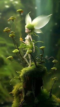 a fairy is standing on top of some moss