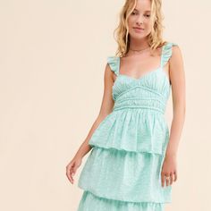 Myrtle Tiered Dress | Nuuly Rent Spring Dress With Smocked Bodice And Tiered Skirt, Spring Daywear Tiered Skirt Dress, Lined Tiered Dress For Brunch, Tiered Lined Dresses For Brunch, Fitted Tiered Sundress Midi Dress, Fitted Tiered Sundress For Garden Party, Spring Tiered Skirt Midi Dress, Spring Midi Dress With Tiered Skirt For Casual Wear, Daywear Tiered Ruched Dresses