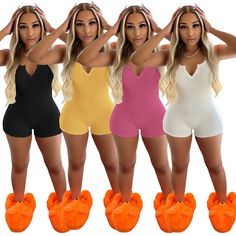 Summer Sexy Rib Knitted Solid Color Deep V Neck Sleeveless Bodycon Women Rompers Ribbed Jumpsuit, Jumpsuit Summer, Jumpsuits And Romper, Jumpsuit Fashion, Short Jumpsuit, Rompers Women, Deep V Neck, Womens Fashion Casual, Deep V