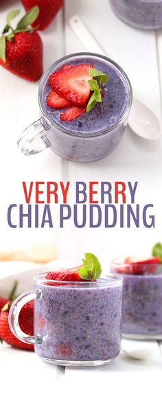 berry chia pudding in glass bowls with spoons and strawberries on the side