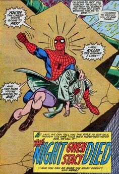 spider - man flying through the air in front of a woman with her arms outstretched