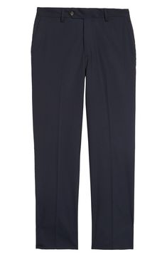 Stretch-infused tropical wool defines handsome trousers crafted in a crisp, versatile flat-front cut. 16 1/2" leg opening; 9 1/4" front rise; 14 3/4" back rise Zip fly with button-tab closure Slant pockets; back button-closure welt pockets Unhemmed. These trousers can be hemmed for free at your local Nordstrom. Find a store Lined to the knee 98% wool, 2% spandex Dry clean Imported Men's Clothing Classic Chinos With Pressed Crease And Straight Hem, Workwear Dress Pants With Concealed Fly And Flat Front, Classic Straight Chinos With Pressed Crease, Classic Flat Front Bottoms With Hidden Button Closure, Classic Chinos With Pressed Crease, Flat Front Dress Pants With Concealed Fly For Work, Flat Front Dress Pants With Pressed Crease For Work, Classic Flat Front Work Pants, Tailored Bottoms With Concealed Fly And Flat Front