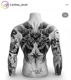 the back of a man's body with tattoos on it and an owl in the middle