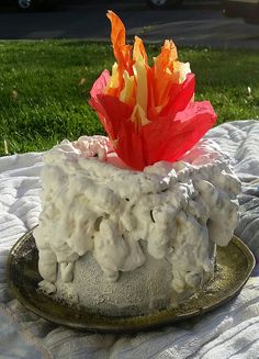 a cake with white frosting and orange flowers on top sitting on a blanket in the grass