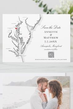 the save - date card is shown with an image of a couple kissing on the beach