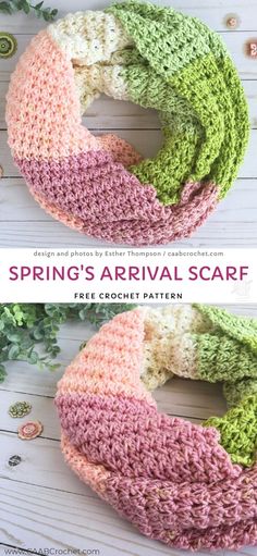 two crocheted scarves with the words spring's arrival scarf on them