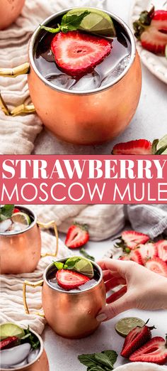 strawberry moscow mules with mint garnishes in copper cups and strawberries on the side