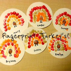 four turkey fingerprints with the names of each individual child's name on them