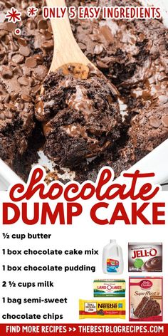 chocolate dump cake recipe with ingredients for it and instructions on how to make it in the microwave