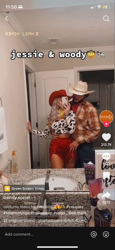 a man and woman in cowboy hats standing next to a bathroom sink with the words jesie & woody on it